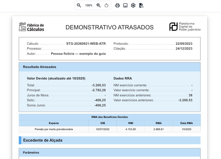 Resultado de liquidação de um exemplo fictício, com total de menos 3.200,53 reais