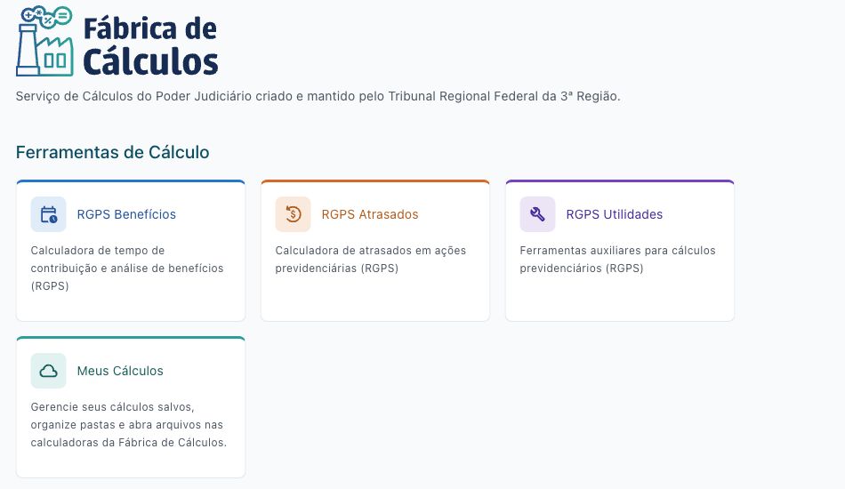 Portal com os cartões de RGPS Benefícios, RGPS Atrasados, RGPS Utilidades e Meus Cálculos